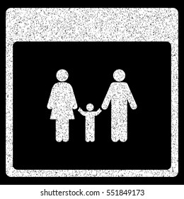 Family Calendar Page grainy textured icon for overlay watermark stamps. Flat symbol with dirty texture. Dotted vector white ink rubber seal stamp with grunge design on a black background.