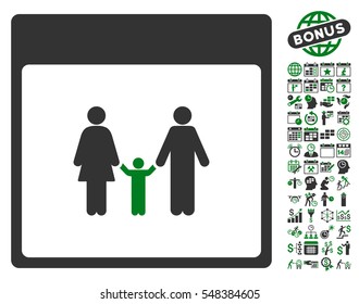 Family Calendar Page icon with bonus calendar and time management images. Vector illustration style is flat iconic symbols, green and gray, white background.
