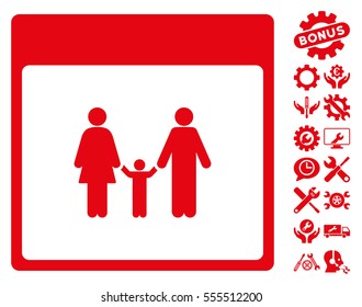 Family Calendar Page icon with bonus settings images. Vector illustration style is flat iconic symbols, red, white background.
