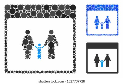 Family calendar page mosaic of round dots in variable sizes and color tints, based on family calendar page icon. Vector round dots are composed into blue composition.