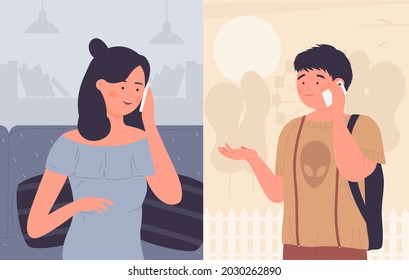 Family Call And Care, Mother Talking To Teenage Son On Phone, Family Fun Communication Vector Illustration. Cartoon Mom, Teen Characters Talk By Cellphone, Communicating Through Smartphone Background