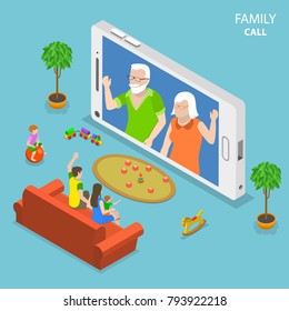 Family Call Flat Isometric Vector Concept. Young Family With 2 Kids Are Having Video Call With Thair Parents Using The Smartphone.