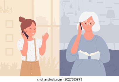 Family call, grandmother talking to grandchild on phone vector illustration. Cartoon elderly woman and young characters talk by cellphone, grandparent sitting at home, girl child on walk background