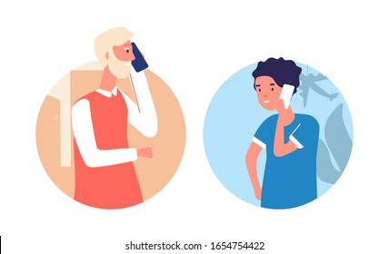 Family calling. People phone talking, grandfather and grandson speaking. Call parents, boy have conversation with man vector illustration