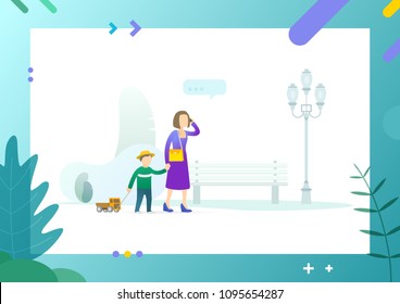 Family Calmly Walking In Park Together, Mother Holding Hand Of Son Pulling Truck Toy, Female And Little Kid Passing Bench, Lantern Vector Illustration. Conceptual Web Template.