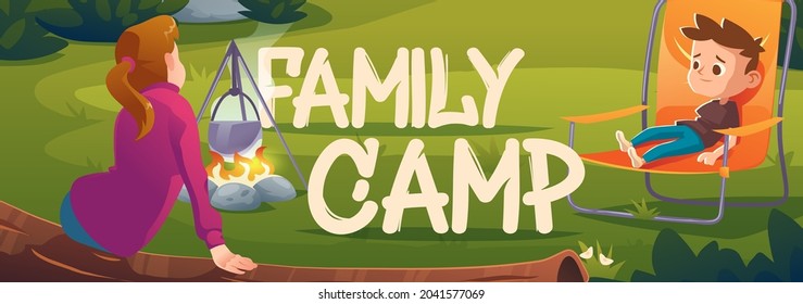 Family camp cartoon banner, children relax in forest camping, girl sitting on log and boy on chair near bonfire. Tourists summer leisure, vacation hiking or traveling activity, Vector illustration