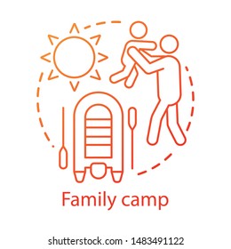 Family camp concept icon. Summer parents and children club, holiday resort idea thin line illustration. Kids and adults activity, interest. Vector isolated outline drawing. Editable stroke