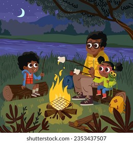 family camp, a father and his children roasting marshmallows at night