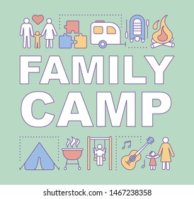 Family camp, resort for children and parents word concepts banner. Outdoor activities. Presentation, website. Isolated lettering typography idea with linear icons. Vector outline illustration
