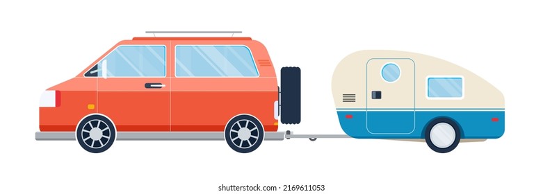 Family camper car, bus with trailer. Flat vector illustration isolated on white background