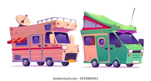 Family camper van with tent for travel concept. Cartoon vector illustration set of caravan car for summertime recreational adventure and vacation. Vintage rv trailer vehicle and motorhome or trip.