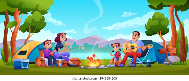 Family campers parents and children resting on nature with tents, camping hiking people in forest, mountains on background. Vector people sitting at campfire together, playing guitar, singing song