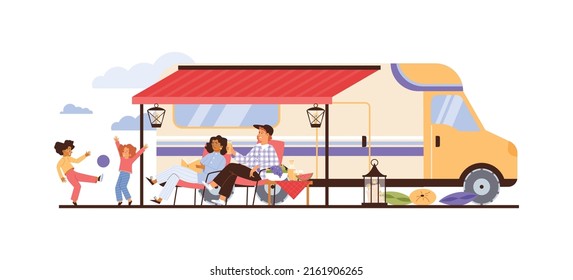 Family of campers and travels resting in nature near trailer. Vacationers family in caravan park or camping, flat vector illustration isolated on white background.