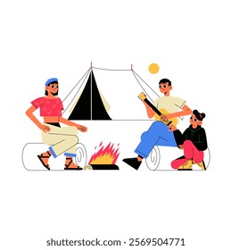 Family Camping Around A Bonfire With A Guitar In Flat Vector Illustration Symbolizing Bonding, Outdoor Adventure, And Quality Time, Isolated On White Background.