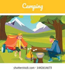 Family Camping Banner. Cartoon Father Son in Forest Camp Vector Illustration. Tent in Wood Mountain Valley. Dad Son Park Picnic Fun. People Roast Marshmallow on Campfire. Summer Day Travel