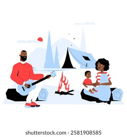 Family Camping by the Fire in Flat Vector Illustration Symbolizing Adventure, Outdoor Bonding, and Music, Isolated on White Background