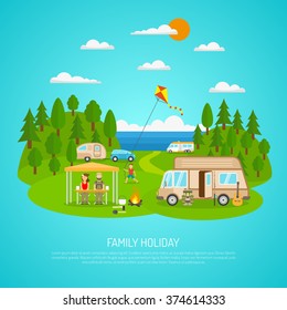  Family camping by the sea with motorhomes forest and fires flat vector illustration 