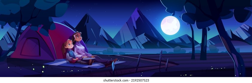 Family Camping Cartoon Illustration. Vector Design Of Mother And Daughter Sitting Near Tent On River Shore, High Mountains Background, Admiring Stars, Full Moon On Dark Sky. Enjoying Weekend