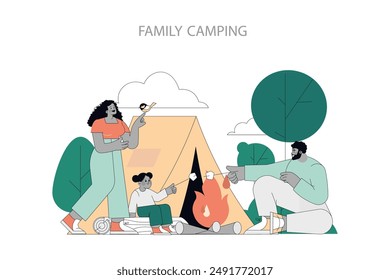 Family Camping concept. A joyful family roasts marshmallows by a tent in the outdoors. Quality bonding time with nature and wildlife. Vector illustration.