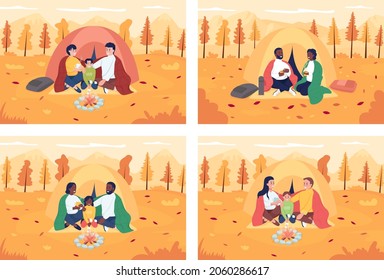 Camping familiar durante el juego de ilustración vectorial de color plano de otoño. Madre y padre sentados con un niño en una carpa de senderismo. Padres y niños en caricaturas 2D de caricatura de caricatura de caricatura de caricatura de caricatura de caricatura de caricatura de caricatura de caricatura de caricatura de caricatura en 2D con paisaje en el fondo