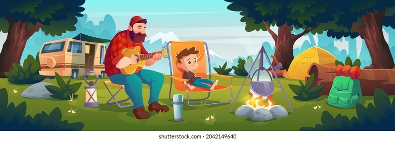 Family camping, father and little son relax in forest camp playing guitar at fire. Man and boy tourists summer time leisure, vacation hiking or traveling touristic activity Cartoon vector illustration