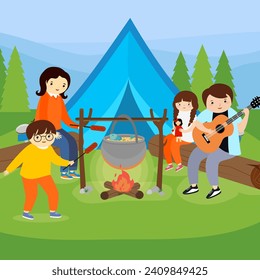 Family camping in the forest. Vector illustration in flat design style.