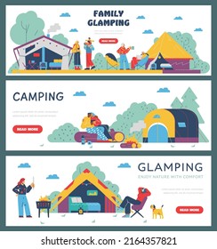 Family Camping And Glamping Posters Set, Tourists Living In Comfortable Tents, Flat Vector Illustration. People Make Fire And Enjoy Nature. Summer Recreation Concept. Set Of Banners.