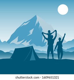 Family camping, hiking, travel and outdoor activities. Father, mother and son on a background of a mountain landscape. Tourists man, women and children have a rest together. Vector illustration.