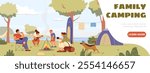 Family camping horizontal banner with family at campsite flat vector illustration.