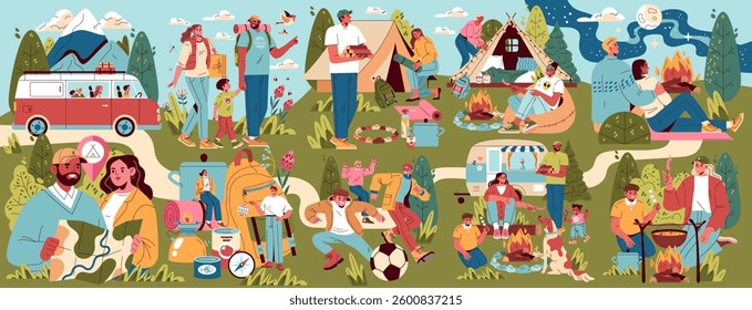 Family camping illustration capturing moments of adventure and togetherness. Families engage in activities like hiking, cooking, and enjoying nature by campfires, with a cozy, outdoors ambiance