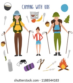 Family camping with kids vector camping elements