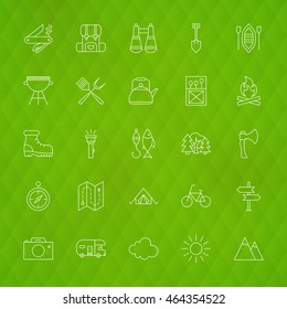 Family Camping Line Icons. Vector Illustration of Hiking Symbols over Polygonal Background.