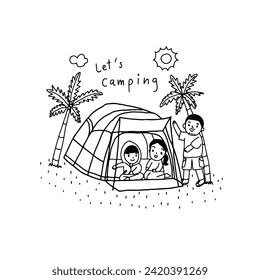 family camping line vector illustration