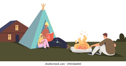 Family camping on backyard outside house. Happy kids and parents around camp tent and fire together. Staycation and home weekend recreation concept. Flat vector illustration