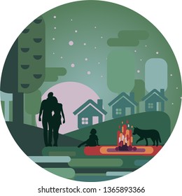 Family camping on beautiful campsite at night, vector illustration