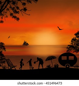 Family camping on beautiful campsite  on the beach at sunset, vector illustration