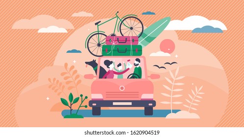 Family camping road trip concept, flat tiny persons vector illustration. Vacation weekend holiday journey in the sunset with mom, dad, son and loved dog. Loaded roof with luggage and leisure equipment
