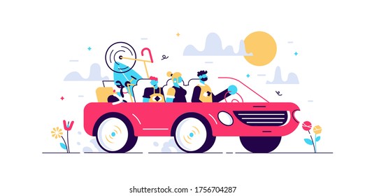 Family camping road trip concept, flat tiny persons vector illustration. Vacation weekend holiday journey in the sunset with mom, dad, son and loved dog. Loaded roof with luggage and leisure equipment