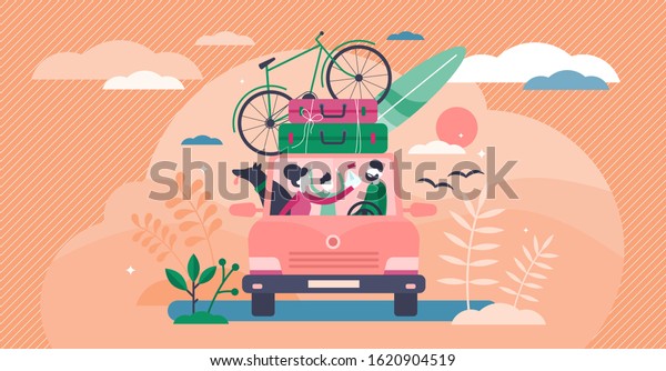 Family camping road trip concept, flat tiny\
persons vector illustration. Vacation weekend holiday journey in\
the sunset with mom, dad, son and loved dog. Loaded roof with\
luggage and leisure\
equipment