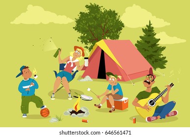 Family Camping, Roasting Marshmallow And Singing, Tent On The Background, EPS 8 Vector Illustration, No Transparencies