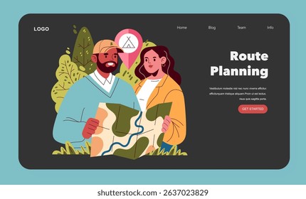 Family camping scene focuses on route planning. A couple studies a map, surrounded by trees and nature. It reflects adventure and togetherness in outdoor exploration. Ideal for travel, camping themes.