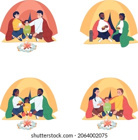 Family camping semi flat color vector characters set. Posing figures. Full body people on white. Fall recreation isolated modern cartoon style illustration for graphic design and animation pack
