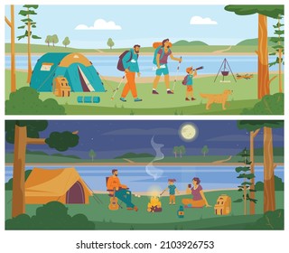 Family camping summer vacation banners or flyers set, flat vector illustration. Family with children traveling and hiking in forest and resting in campsite.