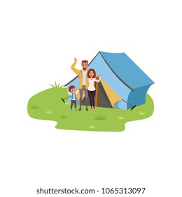 Family camping, traveling and relaxing concept, summer vacations vector Illustration on a white background