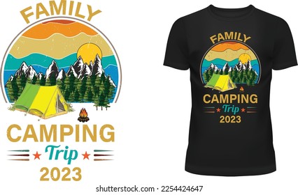 Family Camping Trip 2023 stylish t-shirt and apparel trendy design with campfire, tent, mountains, pine forest, silhouettes, typography, print, vector illustration, global swatches