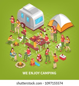 Family camping vacation trips and expeditions site isometric background poster with people tent and caravan vector illustration