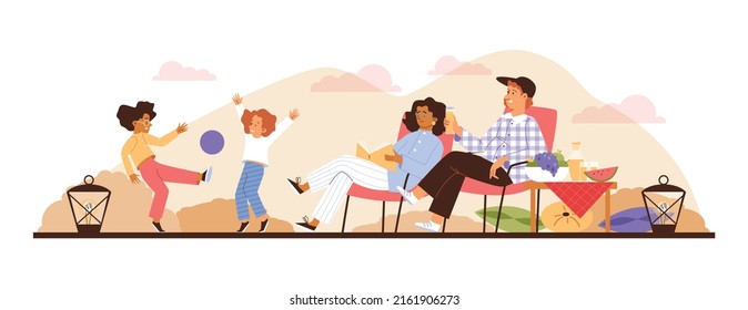 Family camping, camping, vector illumination in flat style on a white background. Glamping in nature, Man, woman, children travel as tourists. A comfortable family vacation.