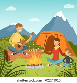 Family camping in the wood near big mountains. Nature vector background illustrations. Mom and dad with son summer tourism