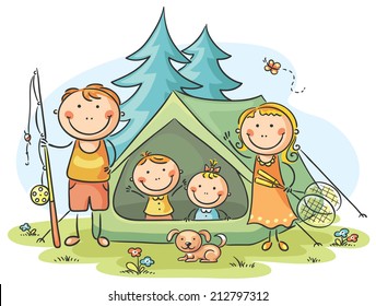 Family camping in the woods