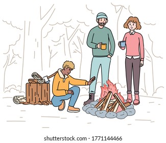 A family is camping in the woods. They make bonfires with logs. flat design style minimal vector illustration.